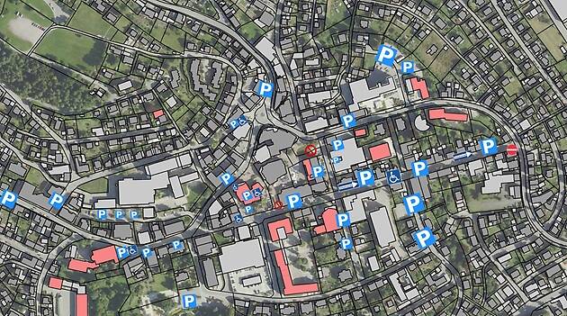 Stadtplan mit gekennzeichneten Parkplätzen