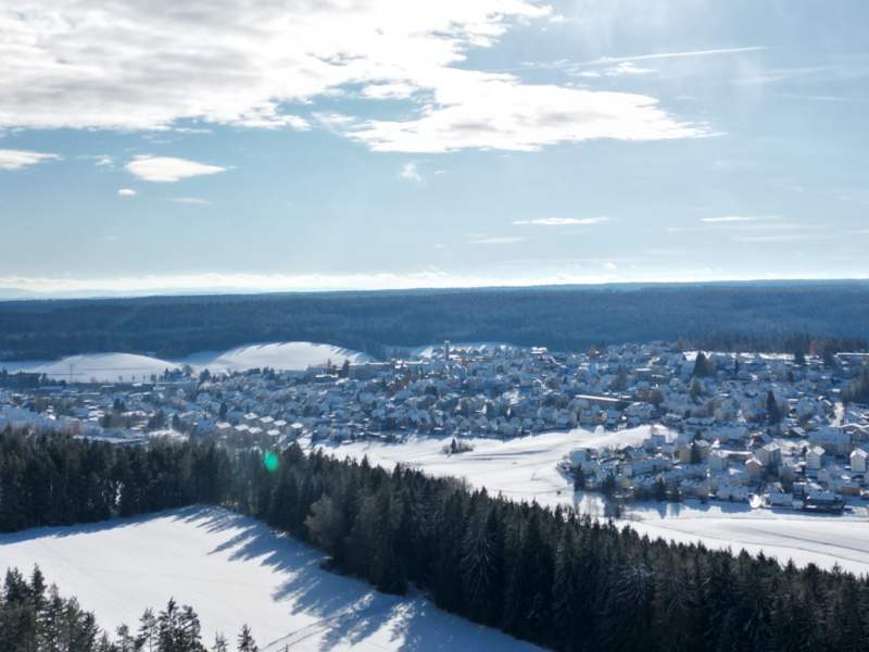 Ein sonniges Winterbild von oben mit Blick auf eine verschneite Wiese, Wald und im Hintergrund mehrere Häuser